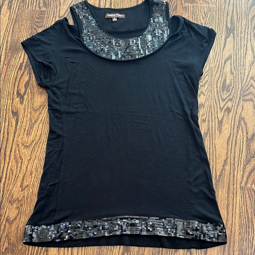 Adrienne Vittadini Black and Gray Embellished Bib Collar Tee